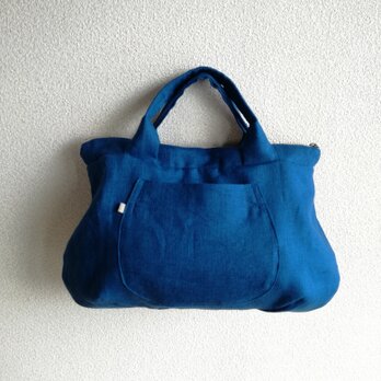 Linen・リネン・手提げファスナーBAG ・Blue・の画像