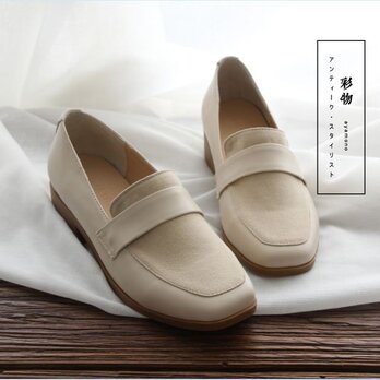 【受注製作】牛革ローファーパンプス　革靴　白　RF7393の画像