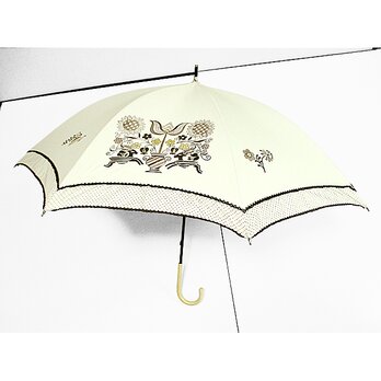 鳥と馬と花の更紗の日傘（ドット柄布付き）（薄生成色）の画像