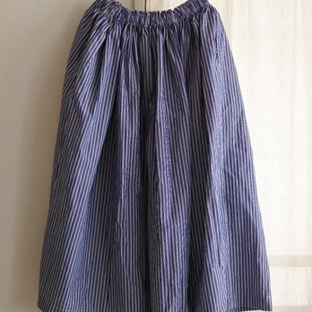 Sale!7800→5800　送料込 綿麻ロングギャザースカート ネイビーストライプの画像