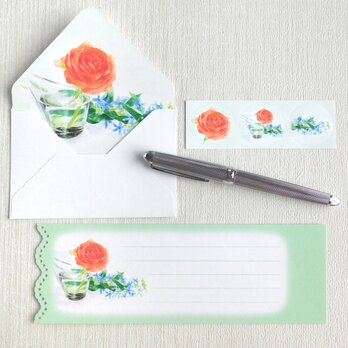 バラとブルースターのミニ封筒＆メッセージカード（内模様）の画像