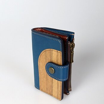 [名入可]木と革のマルチなキーケース ---小銭入、カードポケット付　[ブルー]の画像