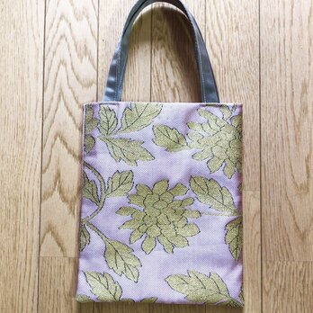 本袋帯 ミニトートバッグ　ピンク×ゴールドの織花柄の画像