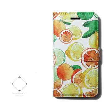 【両面デザイン】 iphoneケース 手帳型 レザーケース カバー レモン×オレンジ×ライム　フルーツ柄の画像