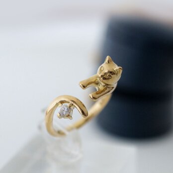 ダイヤモンドの金の猫リング（0.1ct）K18の画像