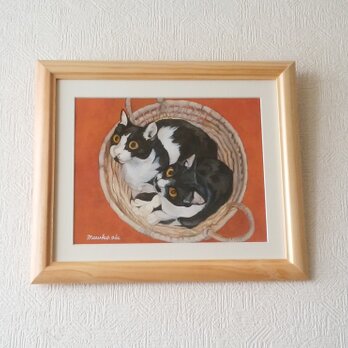 猫イラスト「かごの中のウメとハッチ」（原画）の画像