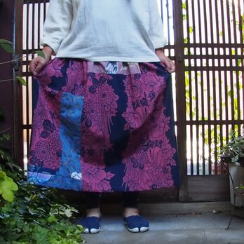 ゆかたリメイク☆浴衣パッチでおとな色スカート真夏のお出かけに76㎝丈の画像