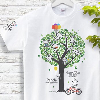パンダと緑の木（Panda & Green Tree）  Tシャツ　150.160.S〜XLサイズ【受注生産品】の画像