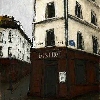 風景画　パリ　油絵「街角のビストロ」の画像