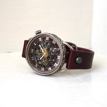 メカニックブラック　AT　ワインブラウン　シルバー　手作り腕時計の画像