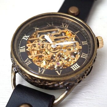 メカニックゴールド　AT　ブラック　真鍮　手作り腕時計の画像