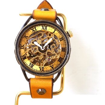 メカニックゴールド　AT　イエロー　真鍮　手作り腕時計の画像