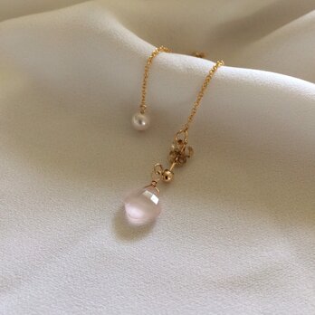 14kgf Rose quartz & Akoya pearls 2wayピアス　ローズクォーツアコヤパール真珠の画像