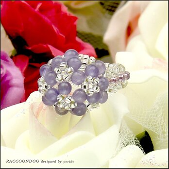 キャッツアイ・ラベンダーの調べ【キャッツアイ花編みビーズリング】《ビーズアクセサリー》