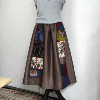 着物リメイク♪銘仙パッチと大島紬のスカート（裏地付き）の画像