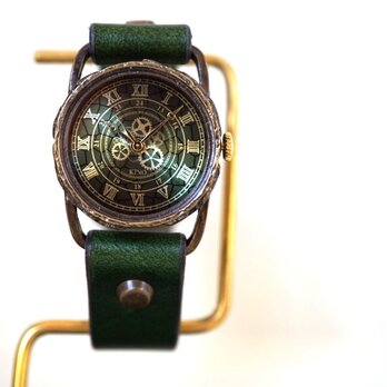 ハグルマ ワールド ローマ Ｓサイズ　真鍮 グリーン　手作り腕時計の画像