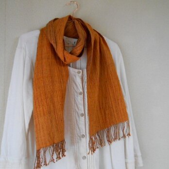 リバーシブルマフラー　シルク100％　手紡ぎ・手織り　オレンジ×茶の画像