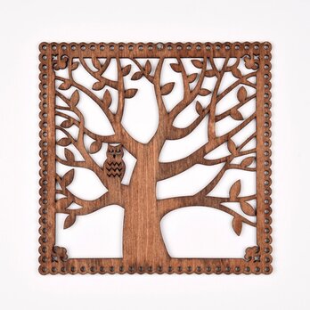 ウッドフレーム「フクロウと木」（木の壁飾り Wooden Wall Decoration）の画像