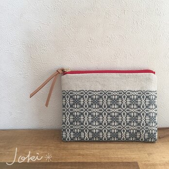 pouch[手織りミニポーチ]ナチュラルグレー×レッドファスナーの画像