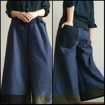 ワイドパンツ左右非対称大きな丸底ポケット付き粋な色味ウエストゴム