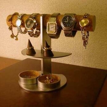 時計スタンド　4～6本掛け腕時計ディスプレイスタンド　丸トレイ付きの画像
