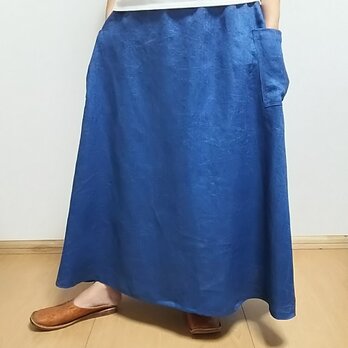 育てるリネン　インディゴ染めヘリンボーン　ギャザースカート