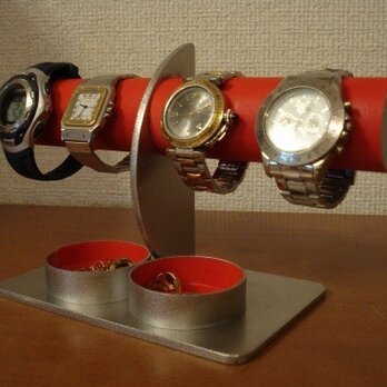 プレゼントに　レッド4本掛けダブル丸パイプ腕時計スタンドの画像