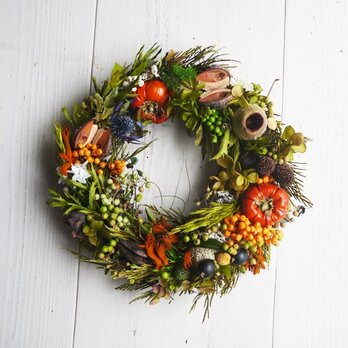 森のハロウィン・秋のプリザーブドフラワーリース+ソラナム