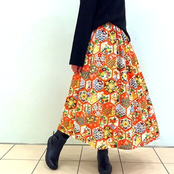 78cm丈、きものリメイクロングスカート、オレンジ亀甲、フリーサイズの画像