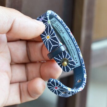 和風ブレスレット 麻の葉 紺  レザーブレスレット