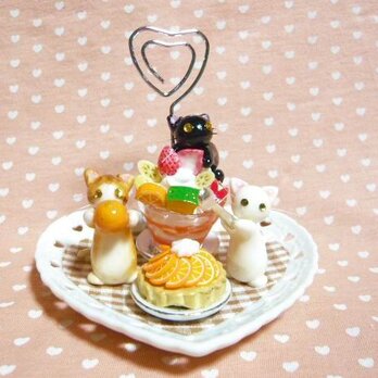 にゃんこのしっぽ○フルーツパフェとタルトのメモスタンド2（小）○ミニチュア○猫