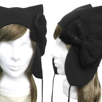 リボン飾り／耳あて付 猫耳帽子(ゆったり)◆コットンニット／ブラックの画像