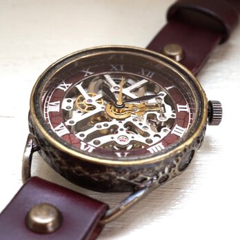 メカニックシルバー　AT　ワインブラウン　真鍮　手作り腕時計の画像