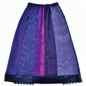 着物とレースのスカート：小花柄（紫･青紫）レーススカート　着物リメイク　送料無料　1809s05の画像