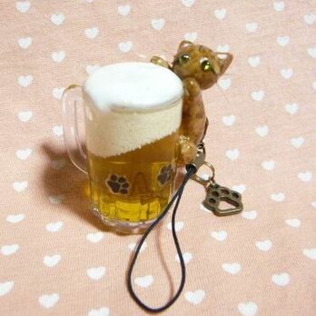 にゃんこのしっぽ〇にゃんこの生ビール〇きじとら猫〇ストラップの画像