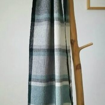 手織りカシミヤマフラー/モノクロ×グリーン/18203の画像