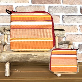 新案設計・倉敷帆布の薄い財布 オレンジ系生地　赤ファスナーの画像