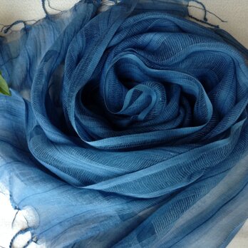 【藍染め】コットン＆シルクすかしストライプ柄ストール　花浅葱色の画像