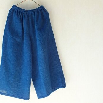 先染め手織りの藍布で作ったシンプルなパンツの画像