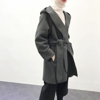 ★en-en　両面ウール混紡・１枚仕立てフードコート・濃いグレーの画像