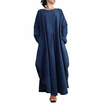 ジョムトン手織り綿のロングドレス No.3 インディゴ （DFS-055-03）の画像