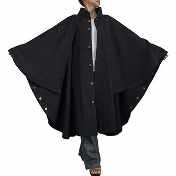 ジョムトン手織り綿ケープ付きハイネックマント 黒（JFS-130-01）の画像