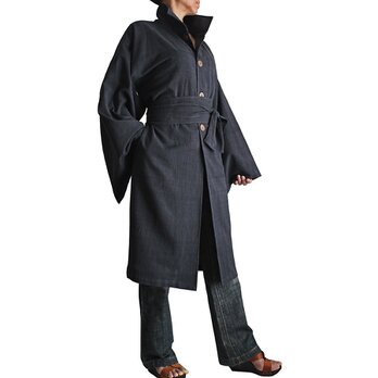 ジョムトン手織り綿着物袖コート腰紐付き 墨黒（JFS-115-01）の画像