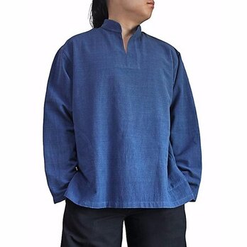 ジョムトン手織り綿のスタンドカラークルター インディゴ （BFS-143-03）の画像
