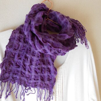 もこもこミニマフラー　手紡ぎ手織り　シルク・ラムウール　紫の画像