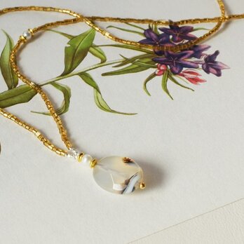 デンドライトアゲート×ヴィンテージガラス・ビーズネックレス　n1313　Vintage