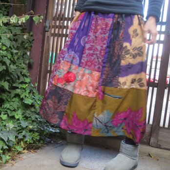 古布リメイク☆レトロポップな銘仙で大人女子のパッチスカート♪の画像