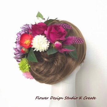 成人式　卒業袴　和装婚に♡紫の菊とバラのモダン着物髪飾り　12点セット(羽付き）の画像