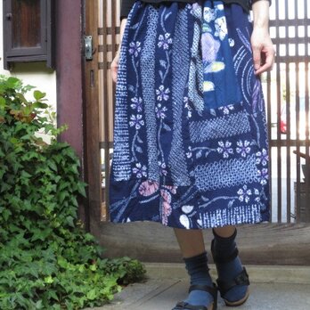 名残りの浴衣スカート☆藍色絞り5種類で大人なパッチ♪73㎝丈の画像
