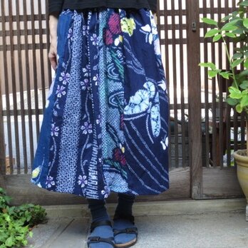 藍色絞りの浴衣スカート☆初秋までＯＫ♪涼しくおしゃれに77㎝丈の画像